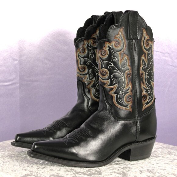 Justin Black Leather Western Cowboy Boots Embroidered Size 7.5 - Picture 3 of 9